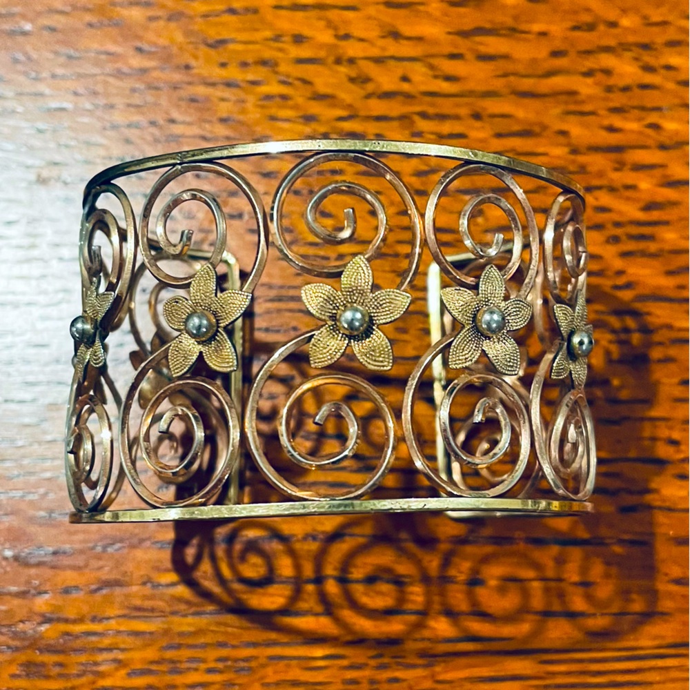 Gold Tone Large Cuff Bracelet with Flower Accents